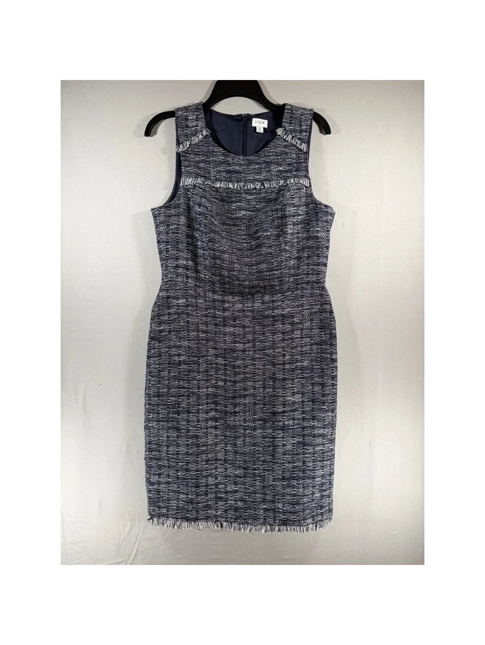 J.Crew Navy Blue White Tweed Fringe Trim Sleeveless Sheath Dress Size 8